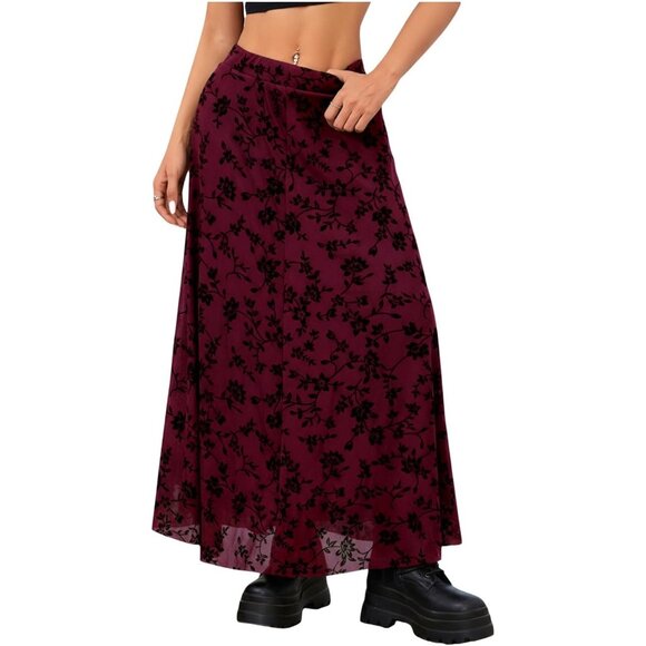 Women Red 100% Polyester Long Maxi Gothic Flowy Boho Floral Print Mesh Skirts - Picture 2 of 7